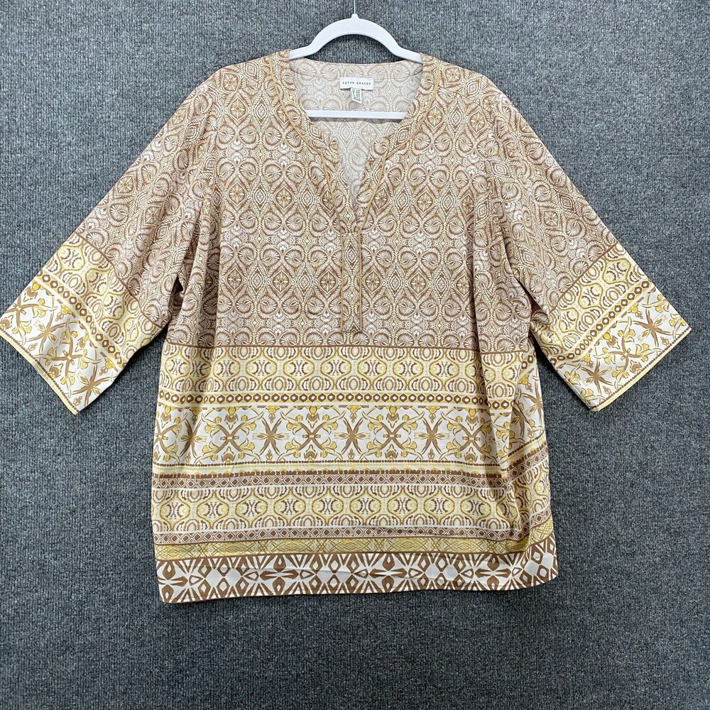 Susan Graver Blouse Top Petite 2X Beige Pullover Tunic Hippie Boho Casual Resort